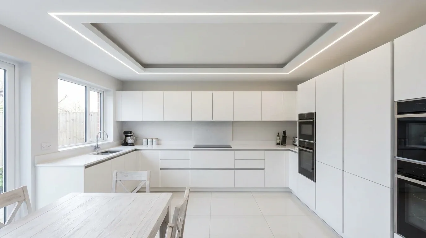 Minimalist tray ceiling design in a contemporary kitchen