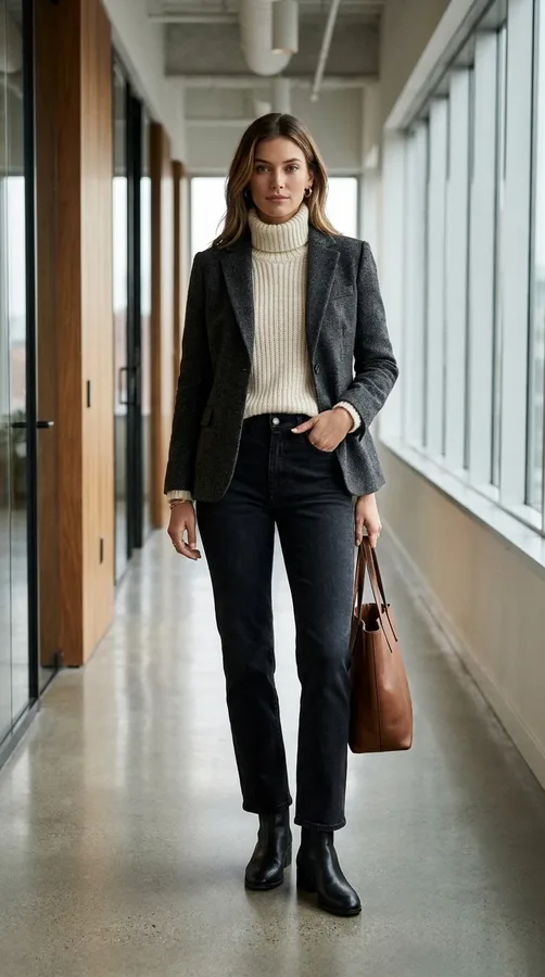 Dark jeans, a cream turtleneck, and a gray blazer create a smart casual winter office outfit.