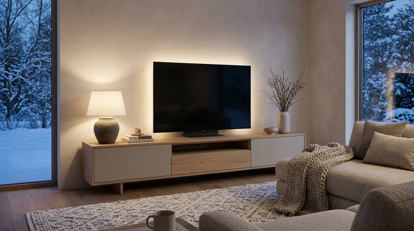 TV stand with a warm glowing table lamp and subtle ambient backlighting for winter evenings.