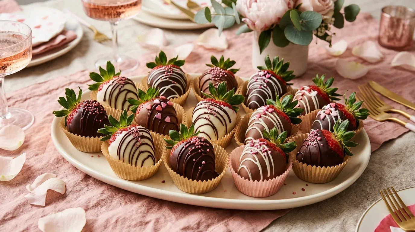 Chocolate-covered strawberries decorated with pink sprinkles and white chocolate drizzle.