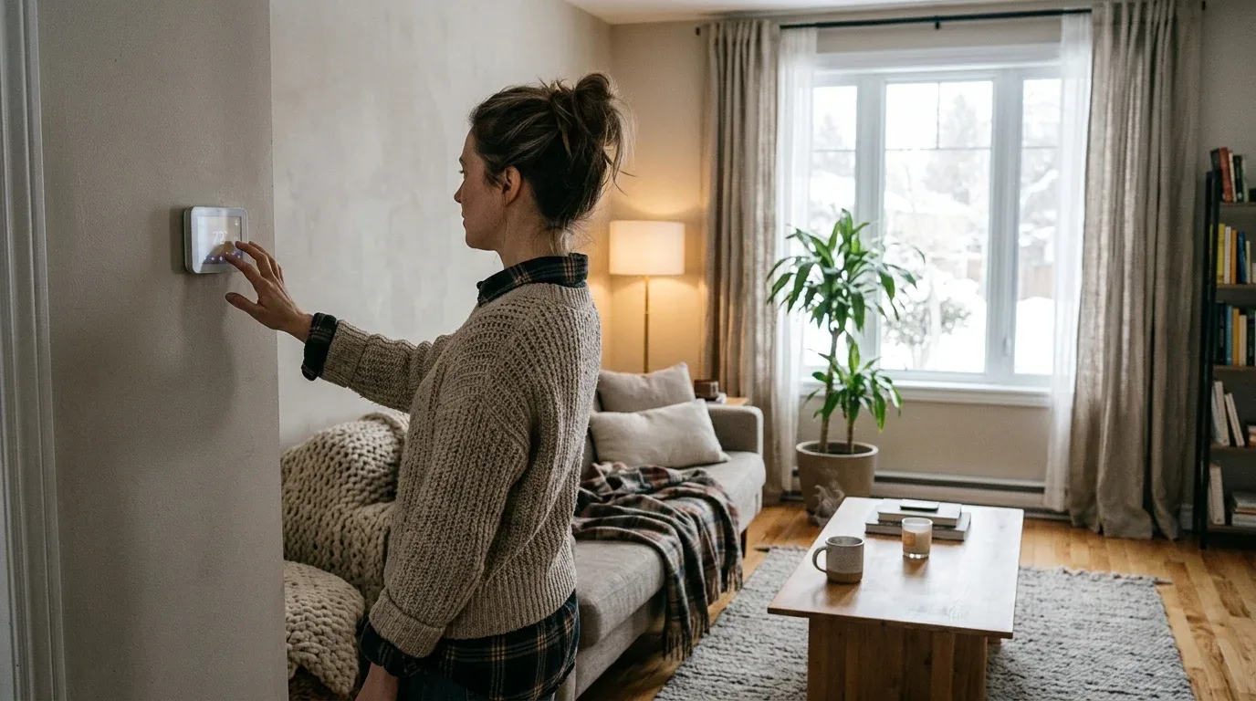 A person adjusts a programmable thermostat to manage winter heating efficiently.