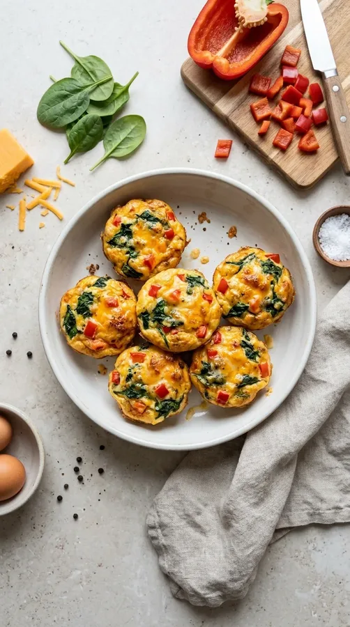 Homemade spinach, bell pepper, and cheddar egg muffins ready for breakfast meal prep.