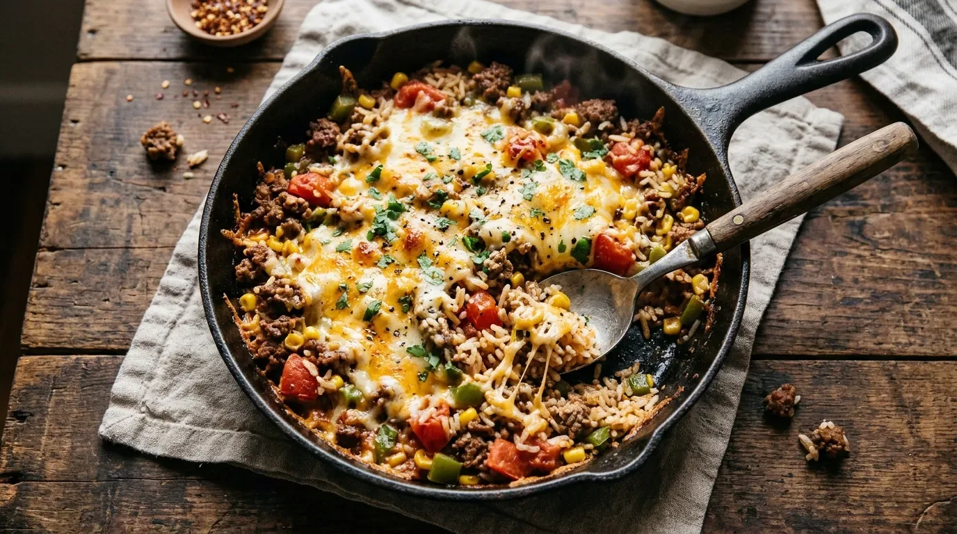 Cheesy ground beef and rice skillet with tomatoes, peppers, and melted cheddar for an easy one-pan dinner.