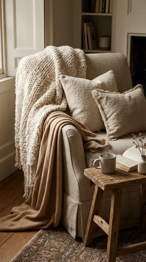 Layered wool throws and textured neutral cushions create a cozy old money winter living room.