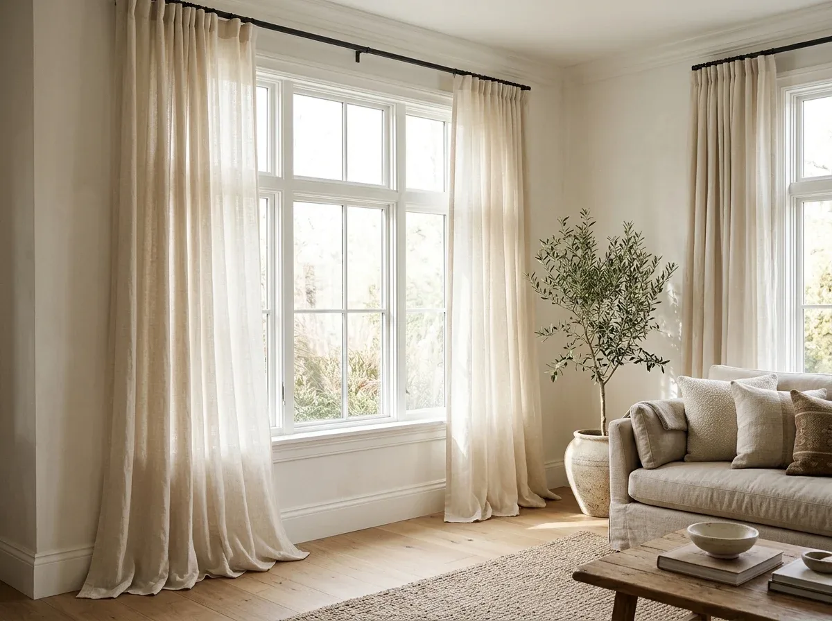 Floor-length ivory curtains hung high to make a living room window look taller and more elegant.