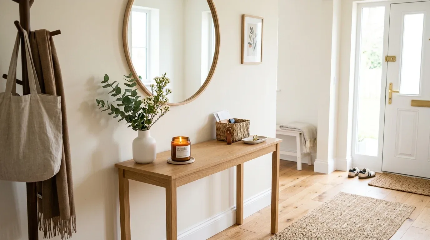 Citrus scented candle adding a fresh fragrance to a bright entryway