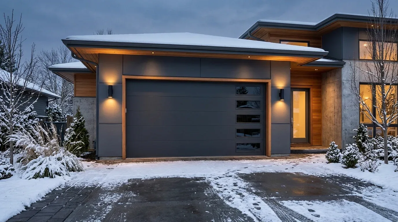 Modern home featuring a stylish insulated charcoal garage door suited to cold winter weather.