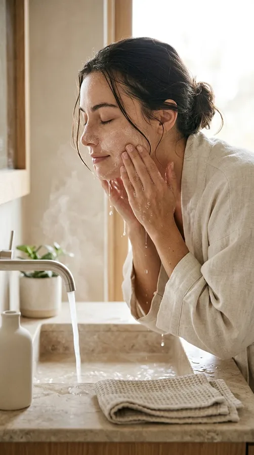 Woman gently cleansing her face with water as part of a simple skincare routine.