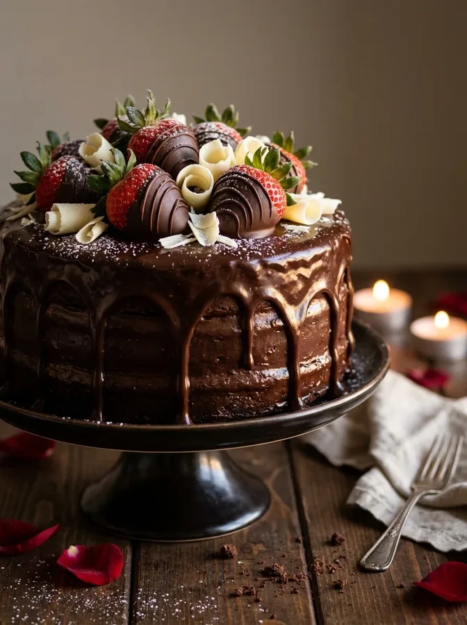 Chocolate Valentine's cake topped with chocolate-covered strawberries and glossy ganache.
