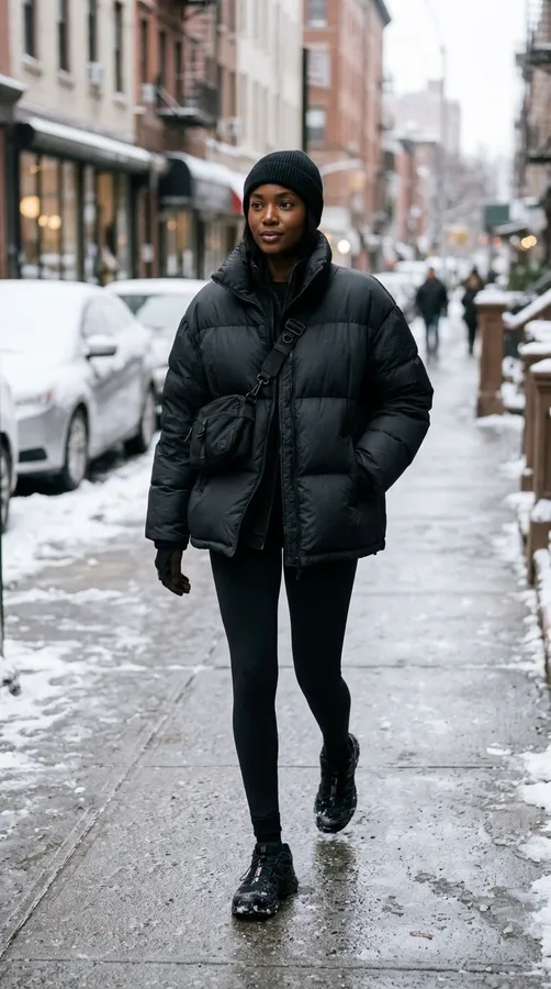 Black woman in an all-black puffer jacket and leggings outfit for a cold-weather vacation.
