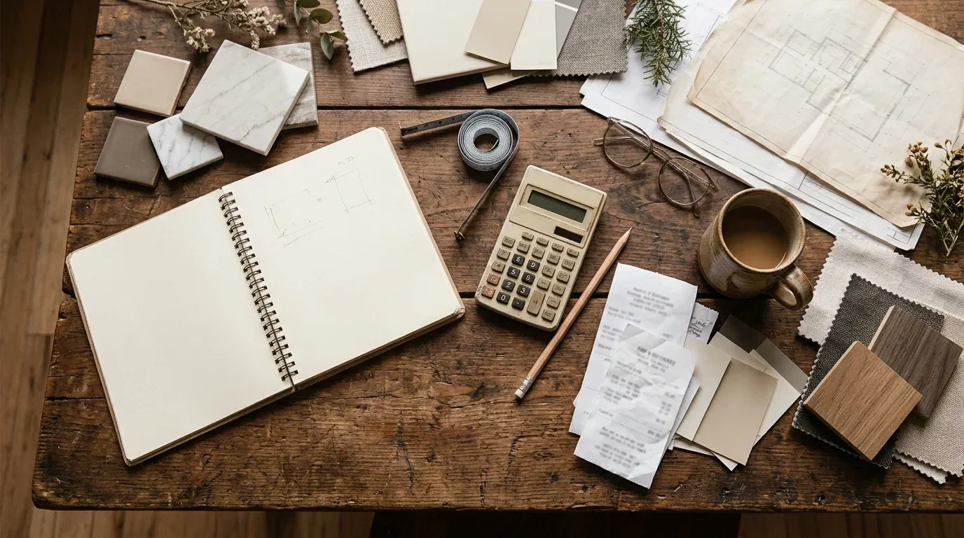 Home renovation budget planning with a calculator, notebook, and material samples
