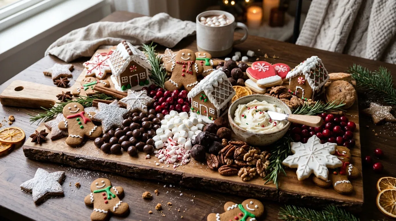 Gingerbread dessert board with decorated cookies, mini gingerbread houses, cinnamon biscuits, and vanilla frosting.