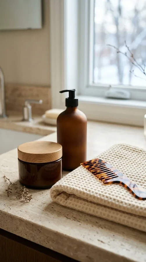 Moisturizing conditioner and a hair mask arranged for a winter hair-care routine.
