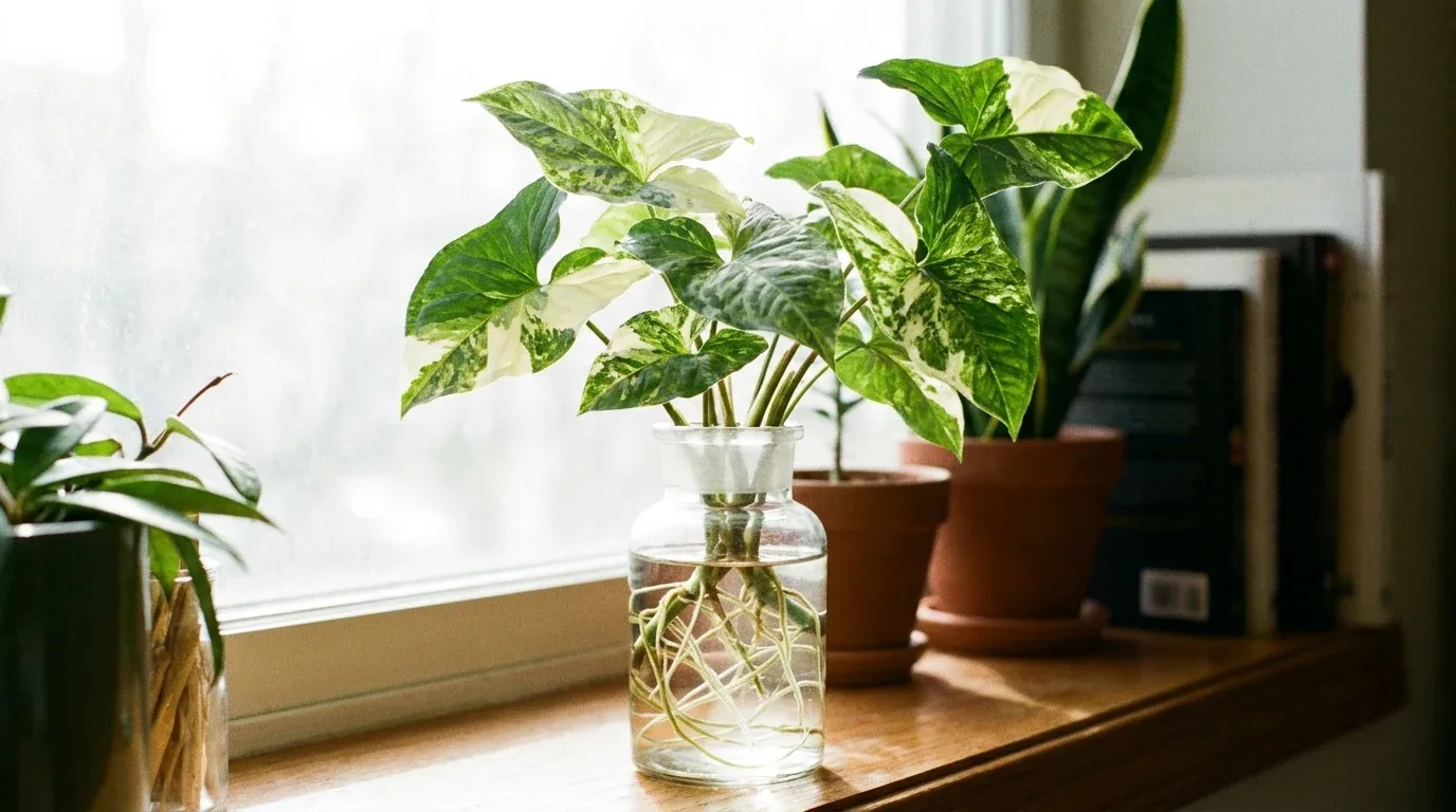 Golden pothos cuttings growing in water