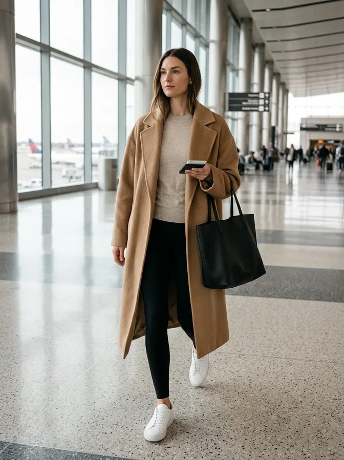 Black leggings styled with an oversized camel coat, white sneakers, and a tote for a chic winter airport outfit.
