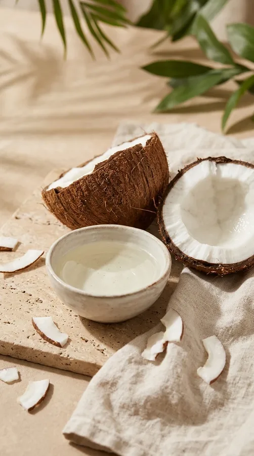Coconut oil with fresh coconut pieces for conditioning dry hair and reducing breakage