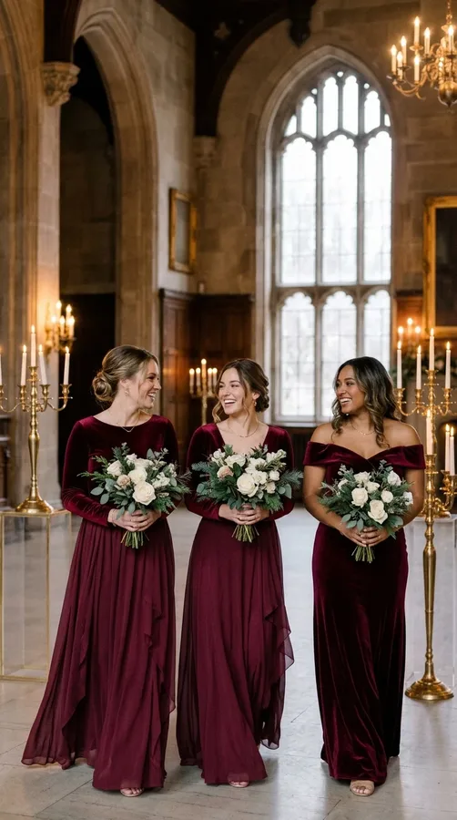 Burgundy bridesmaid dresses with ivory flowers in a romantic candlelit wedding setting.