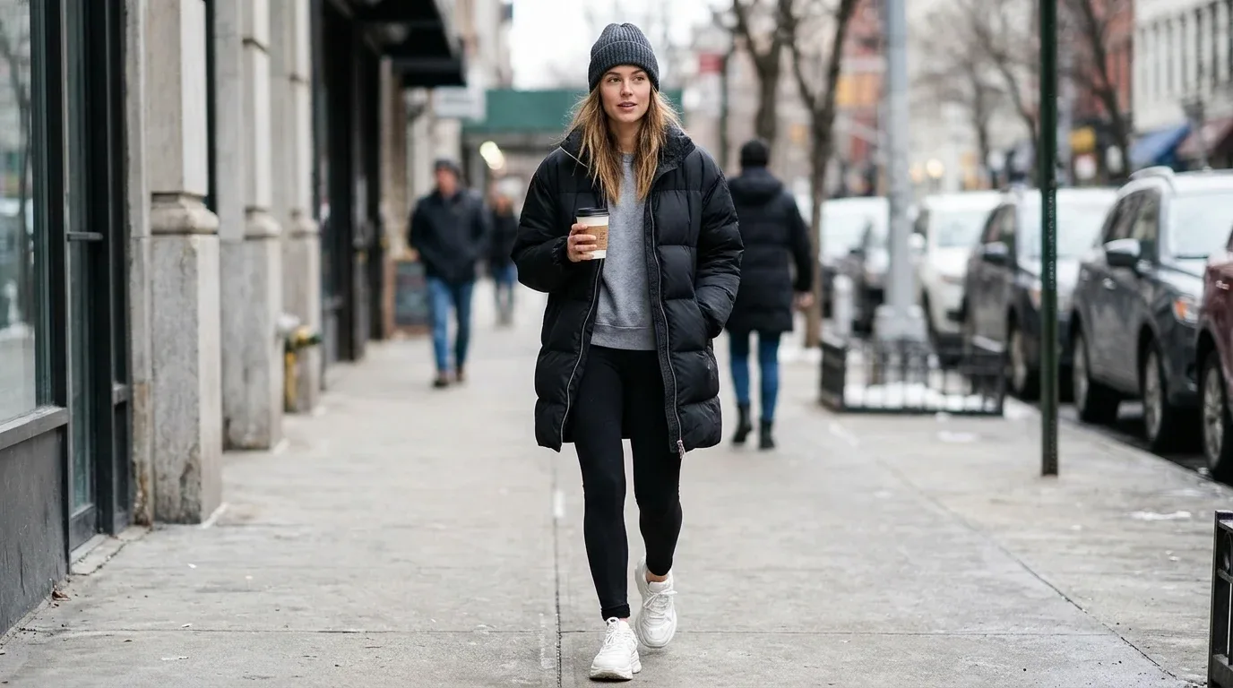 Black puffer jacket, fleece-lined leggings, and chunky sneakers styled for a comfortable winter day.