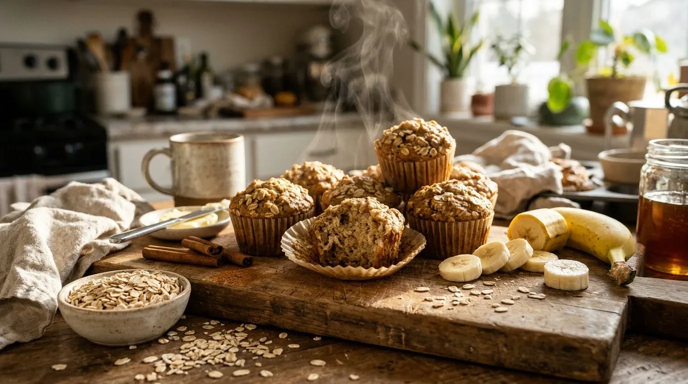 Homemade banana oatmeal muffins with rolled oats and fresh banana slices.