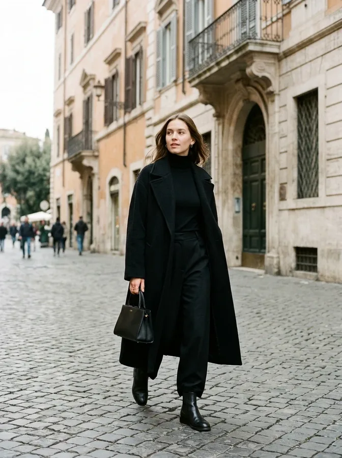 Dark straight-leg jeans, cream sweater, charcoal coat, and ankle boots for casual Italy winter sightseeing.