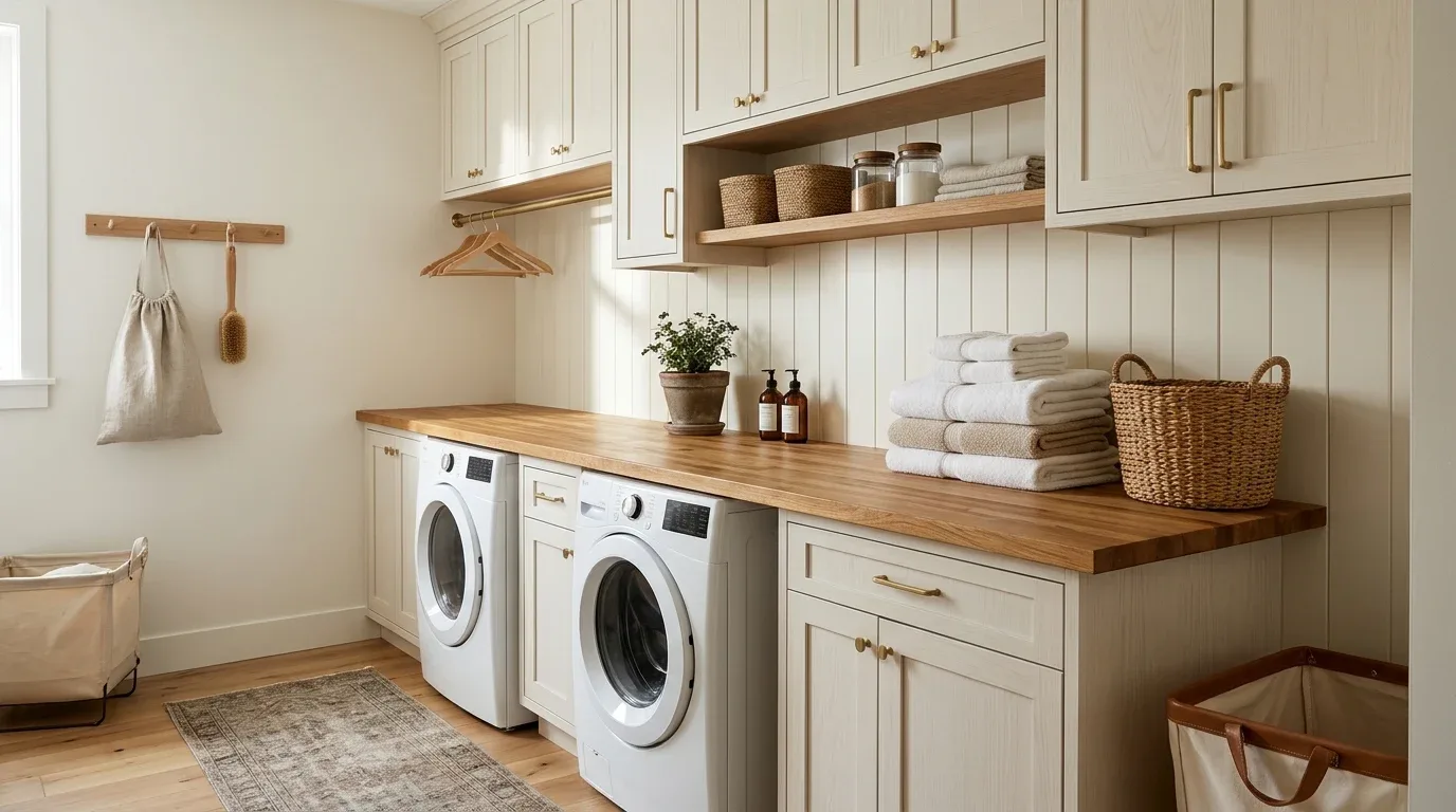 Natural butcher-block folding countertop above front-loading laundry appliances.