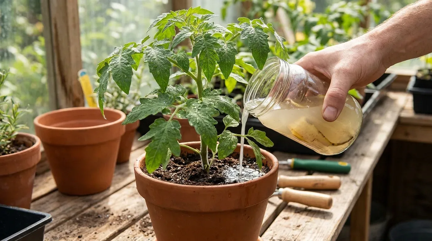 Flowering plant with banana peels and banana water