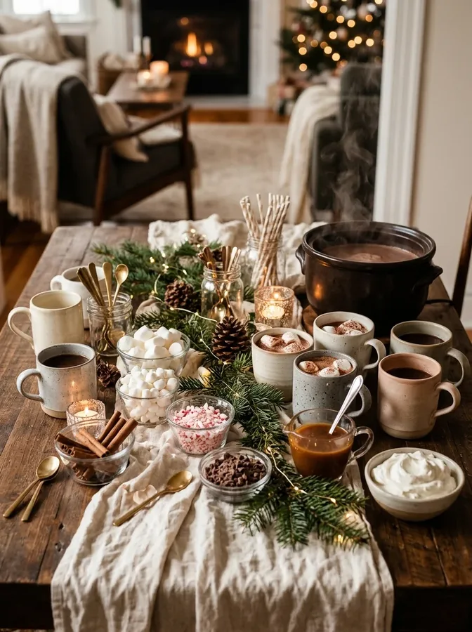 Winter hot chocolate bar with mugs, marshmallows, whipped cream, and festive toppings.