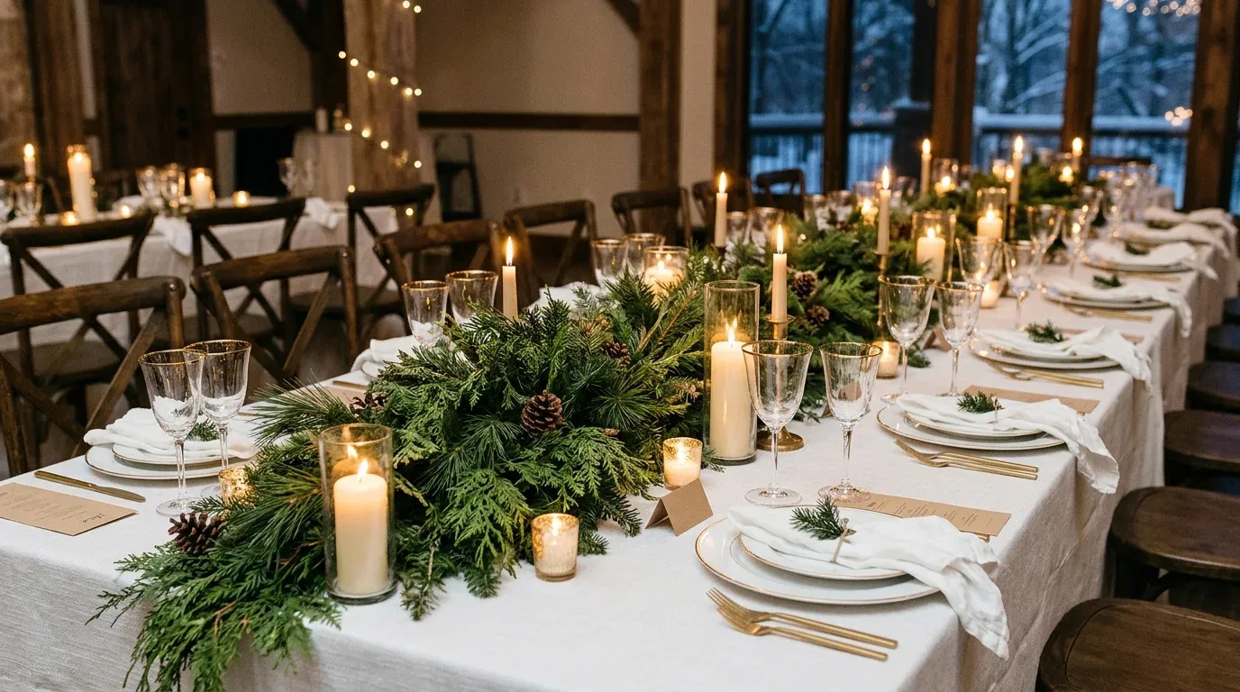 Evergreen winter wedding centerpiece with pine branches, pinecones, and warm candlelight.
