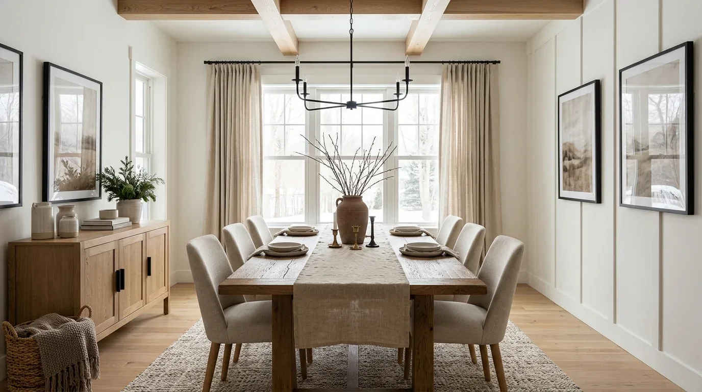 Warm neutral farmhouse dining room with ivory walls, oak furniture, linen curtains, and subtle winter decor.