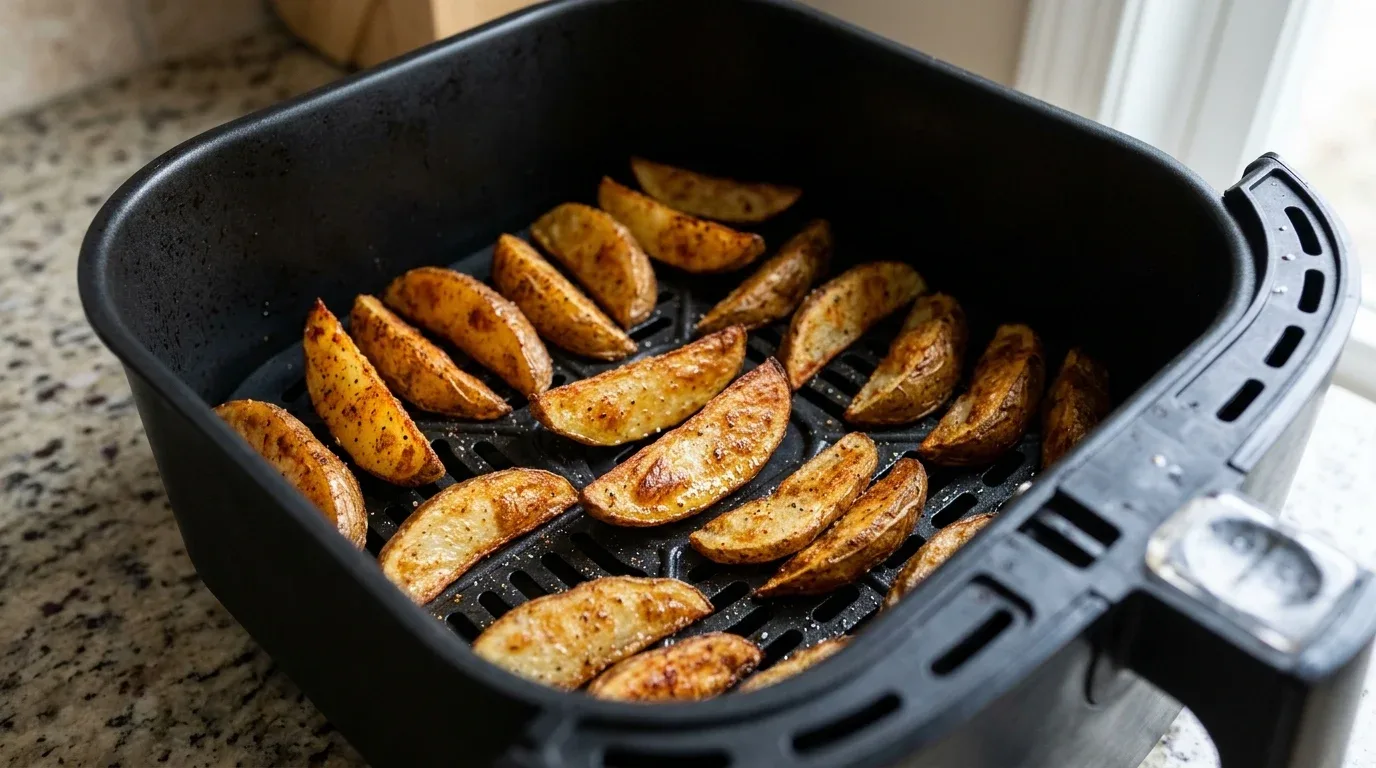 Potato wedges spaced apart in an air fryer basket for even crisping.