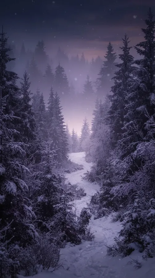 Purple winter forest with snow-covered pine trees fading into soft violet mist.
