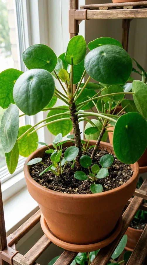 Mature Chinese money plant with healthy foliage and baby offsets at its base.