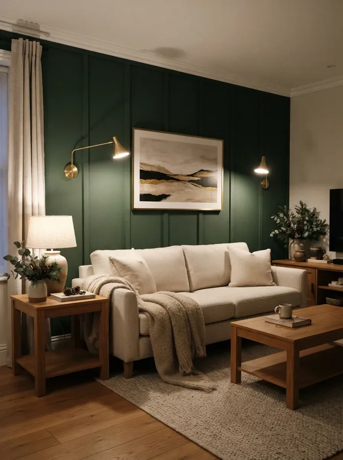 Deep forest green board and batten accent wall styled with brass sconces and warm neutral furnishings.
