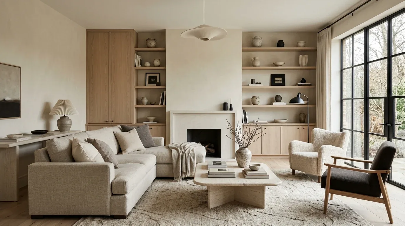 Sophisticated modern living room with warm neutrals, pale oak furniture, sculptural accessories, and soft lighting.