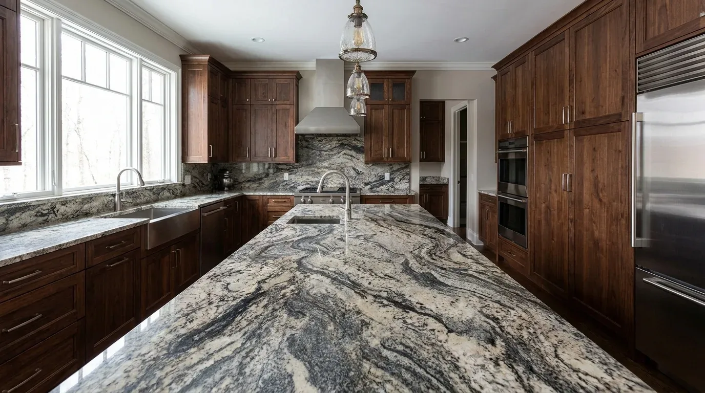 Natural granite kitchen countertop with distinctive mineral patterns and dark wood cabinets.