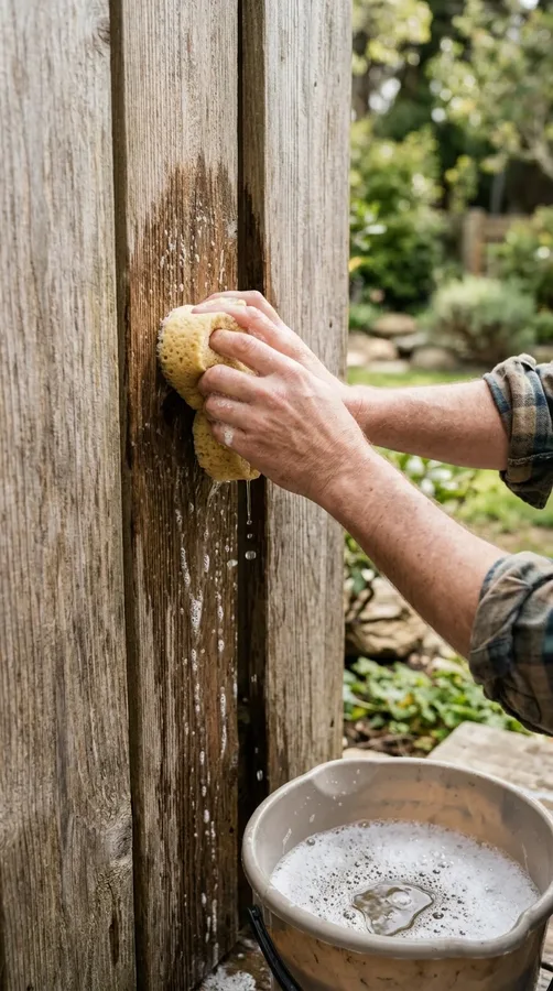 Cleaning wood fence boards with mild dish soap, warm water, and a soft sponge.