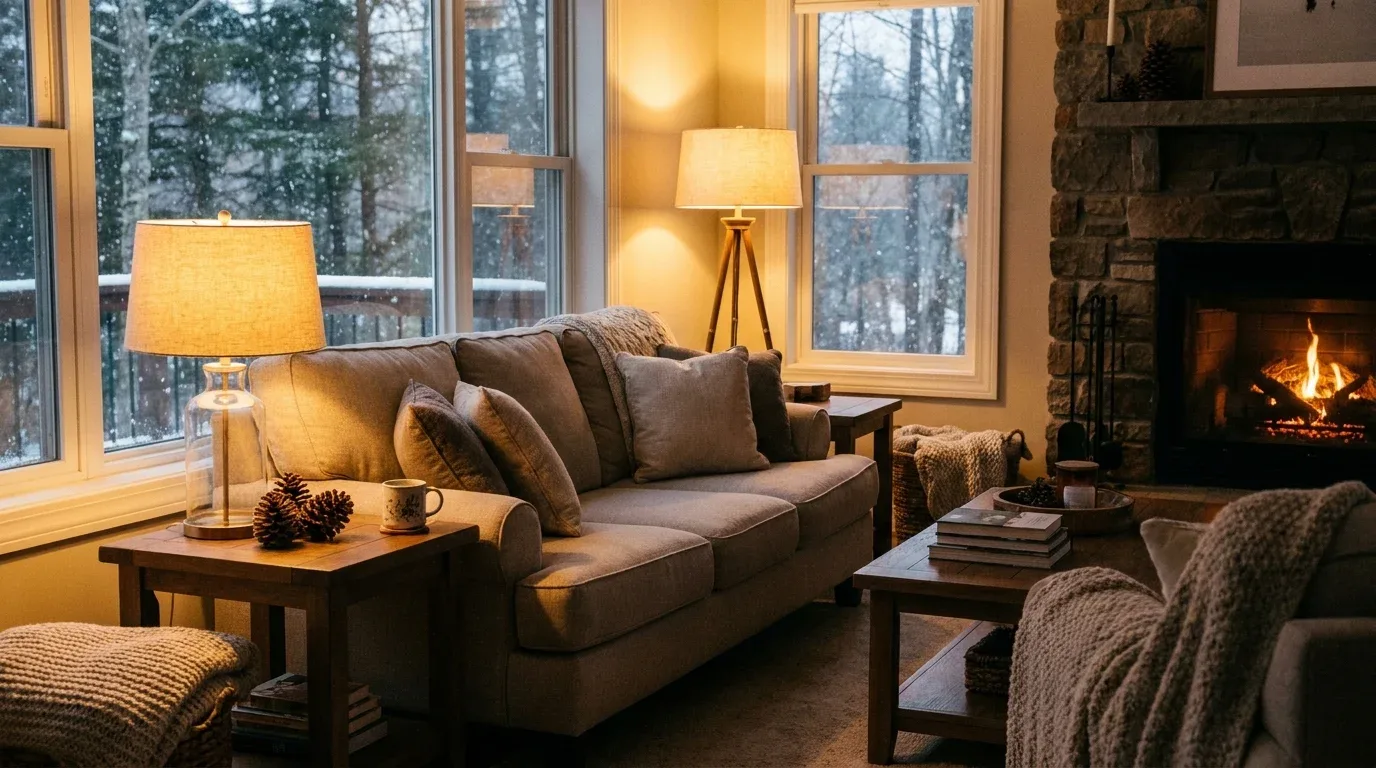 Warm table and floor lamps create a relaxing glow in a winter living room.