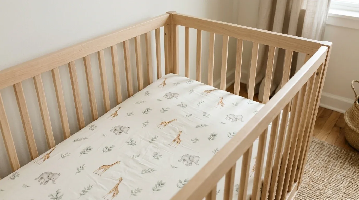 Watercolor safari animal wallpaper in a cozy winter-inspired nursery.