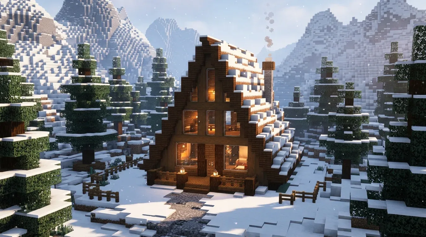 Minecraft A-frame winter house with a steep spruce roof, glass front, cozy loft, and snowy forest setting.
