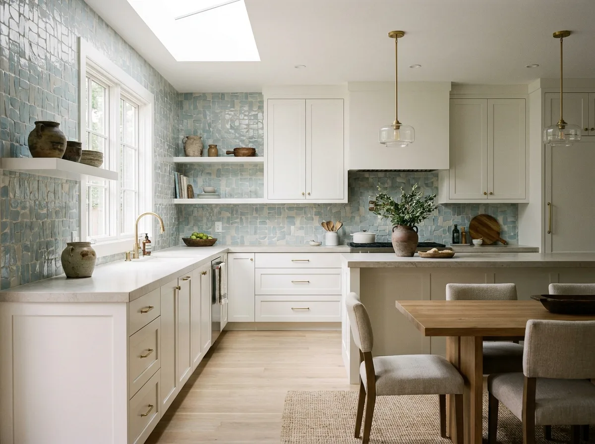 Contemporary open kitchen with a central island, quartz countertop, bar stools, and pendant lighting.
