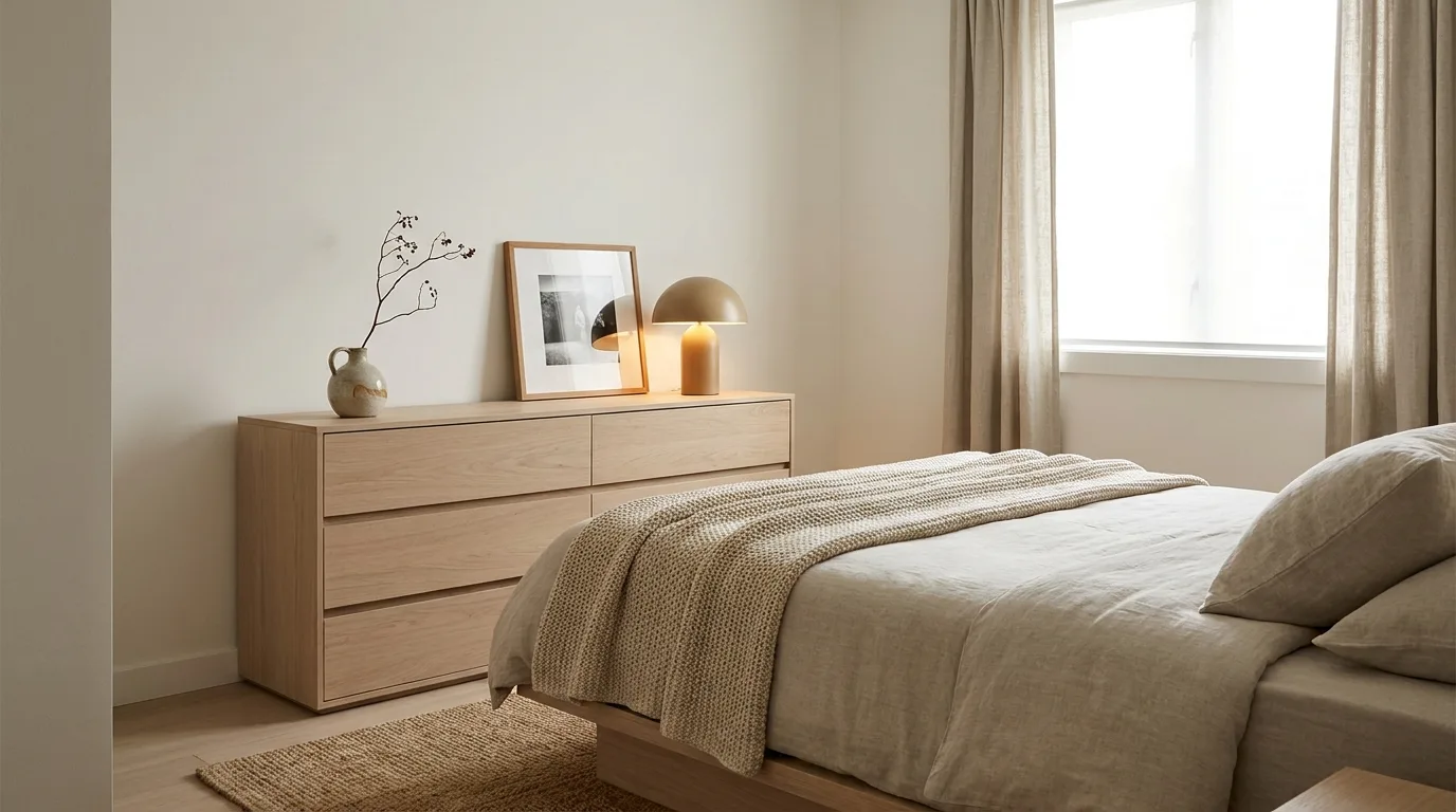 Full-length mirror reflecting daylight in a small bedroom to create a brighter, more open feel.