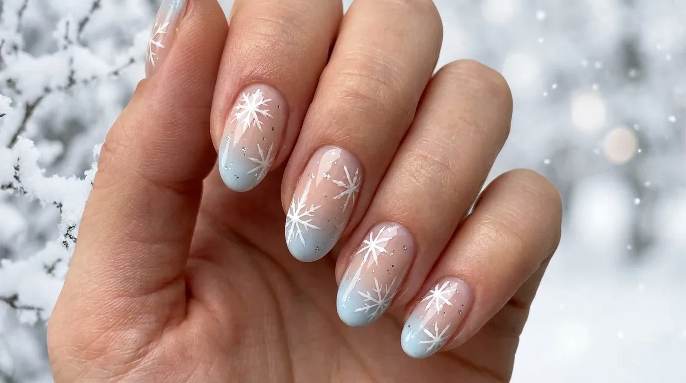 Sheer nude and pale blue winter nails decorated with delicate white snowflakes.