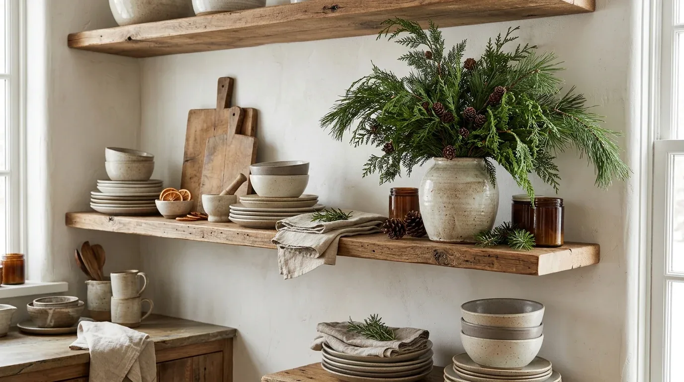 Fresh evergreen branches in a ceramic vase add natural winter charm to open kitchen shelves.