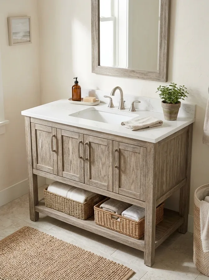 Weathered wood bathroom vanity with a white countertop and woven coastal storage baskets.