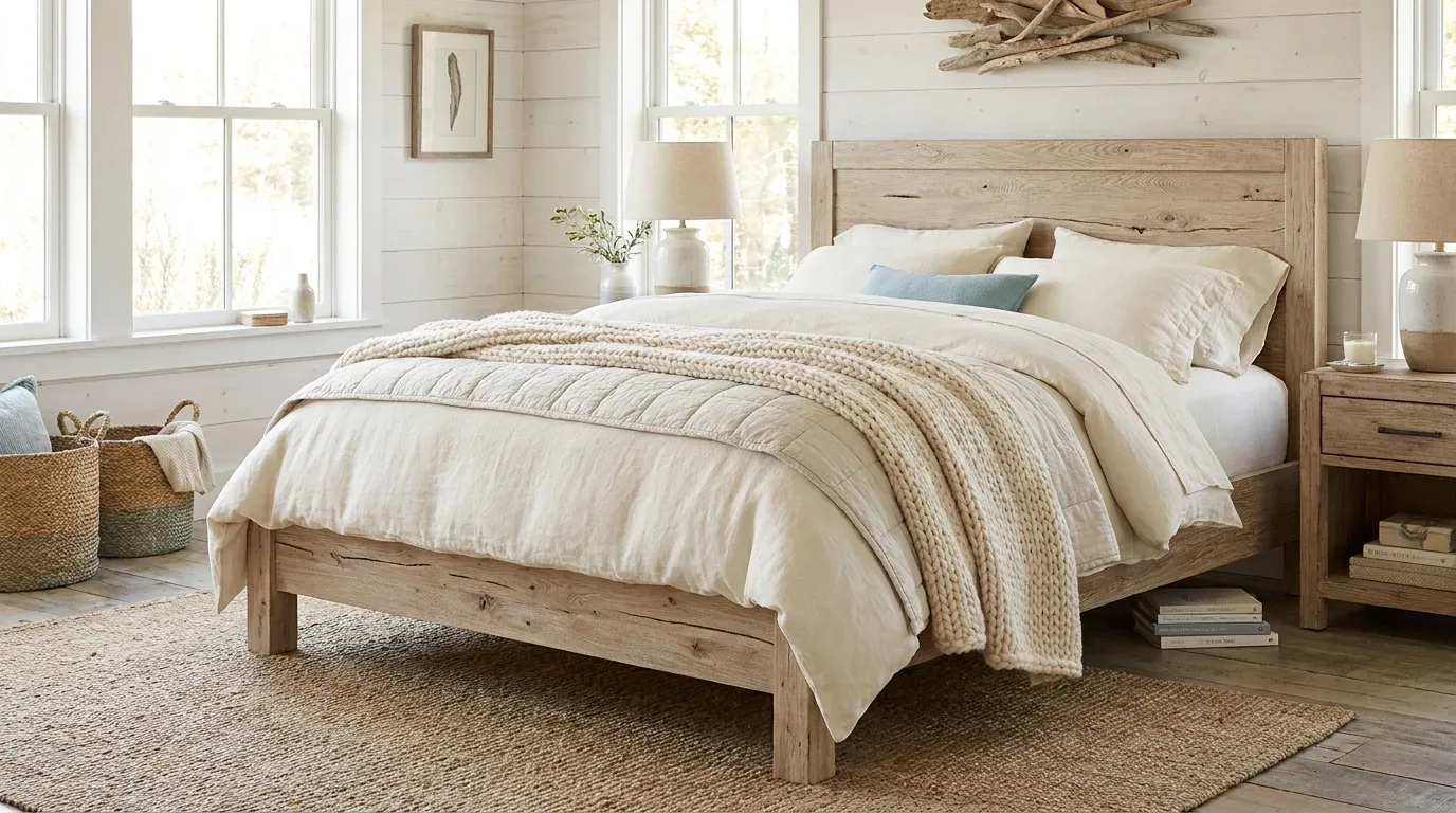 Weathered oak bed frame with ivory bedding in a rustic coastal bedroom.