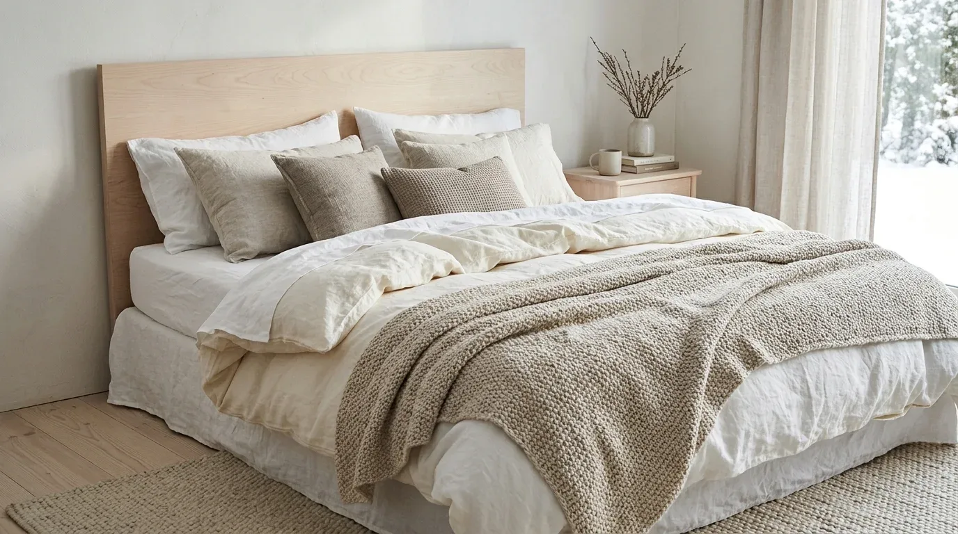 Layered Scandinavian winter bedding with cream blankets, textured cushions, and soft neutral fabrics.