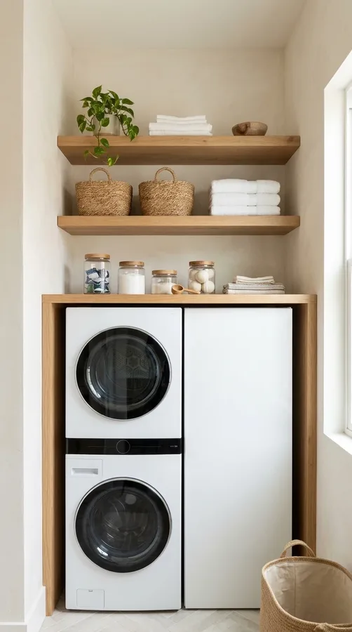 Stacked washer and dryer with attractive open wooden shelves and woven storage baskets.
