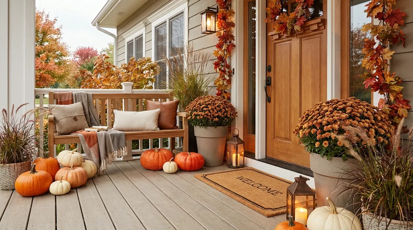 Orange, white, and sage pumpkins arranged with dried foliage on a rustic wooden console.