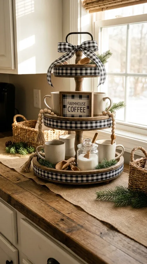 Farmhouse tiered coffee tray decorated with buffalo check accents and winter greenery.