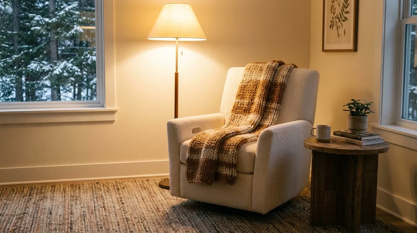 Comfortable reclining swivel rocker arranged as a winter reading nook beside a window.